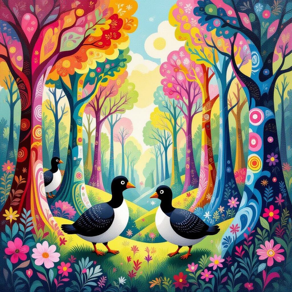 Dodo Birds in a Dreamlike Cubist Forest