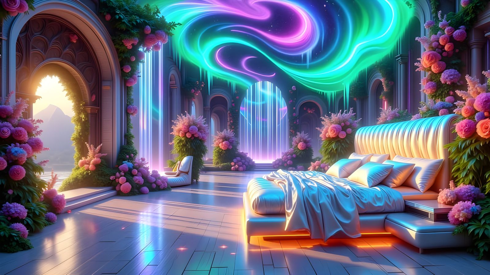 Goddess Bedroom With Aurora Light and Rainbow Pillows
