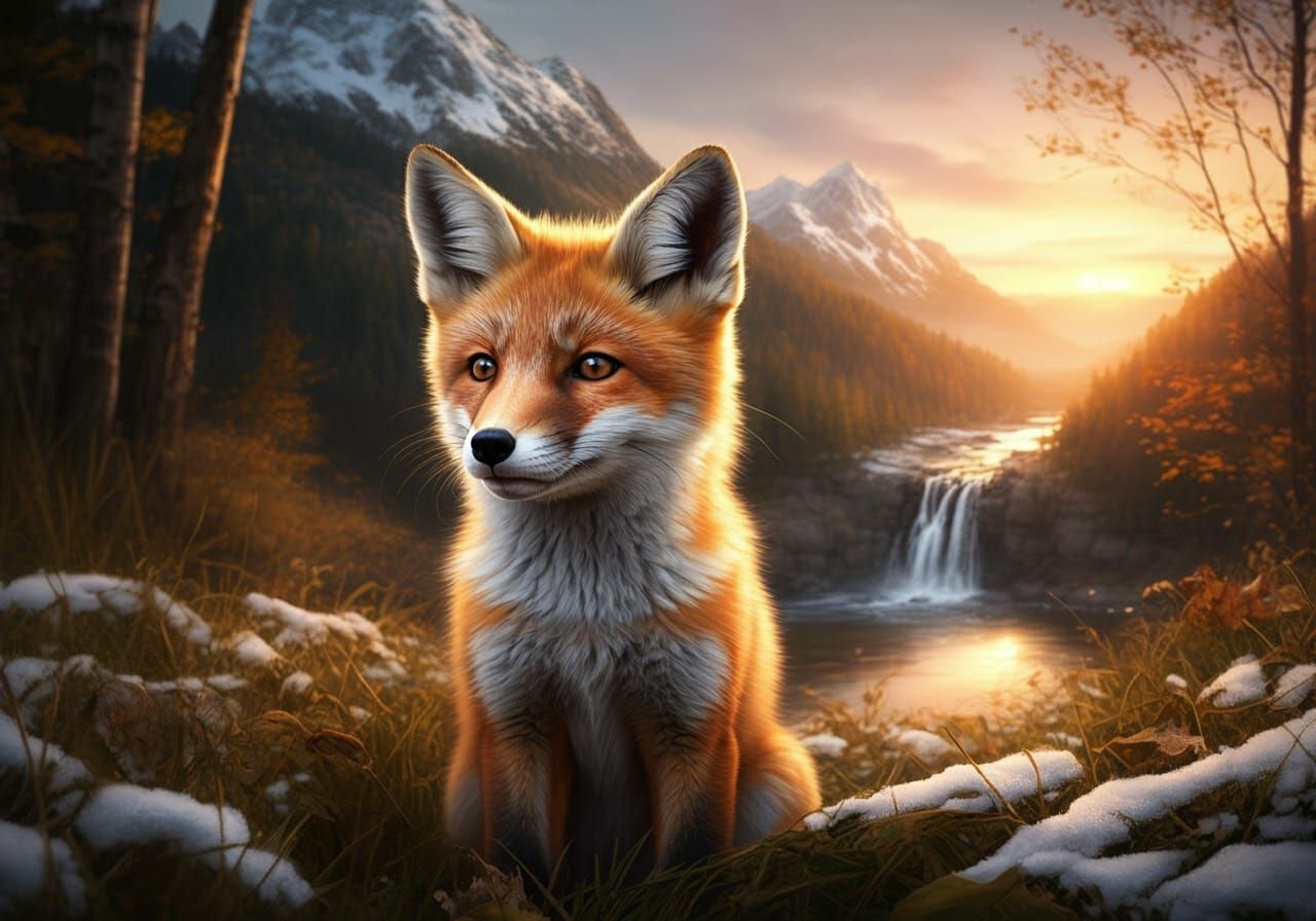 Golden Baby Fox Portrait in Snowy Autumn Forest