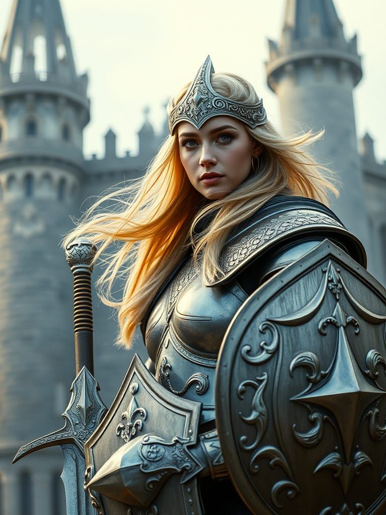 Regal Female Warrior in Silver Armor, Majestic Castle