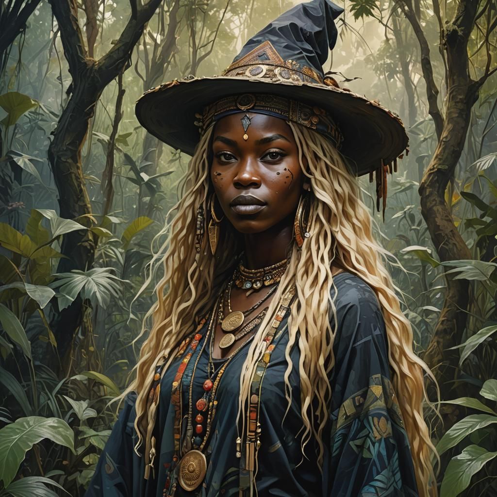African Witch in Jungle, Detailed Digital Art
