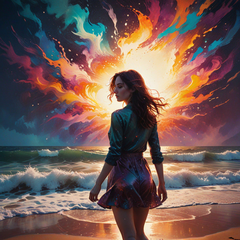 Girl on Beach, Captured in a Dreamlike Cinematic Moment