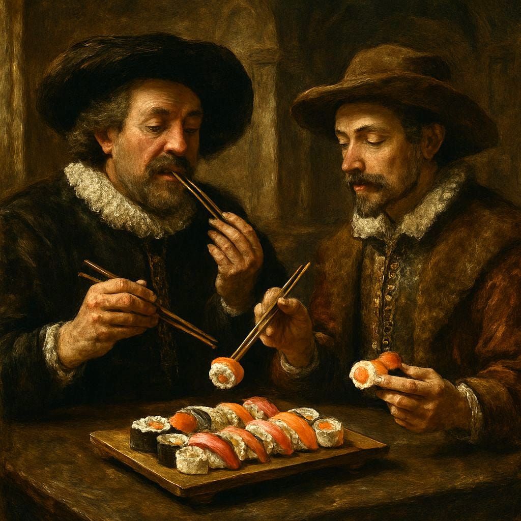 Noblemen Eating Sushi in Castle Hall, Rembrandt Style