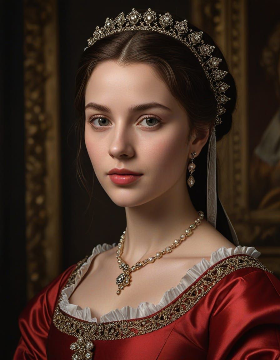 Regal Renaissance Portrait in Luxurious Red Silk
