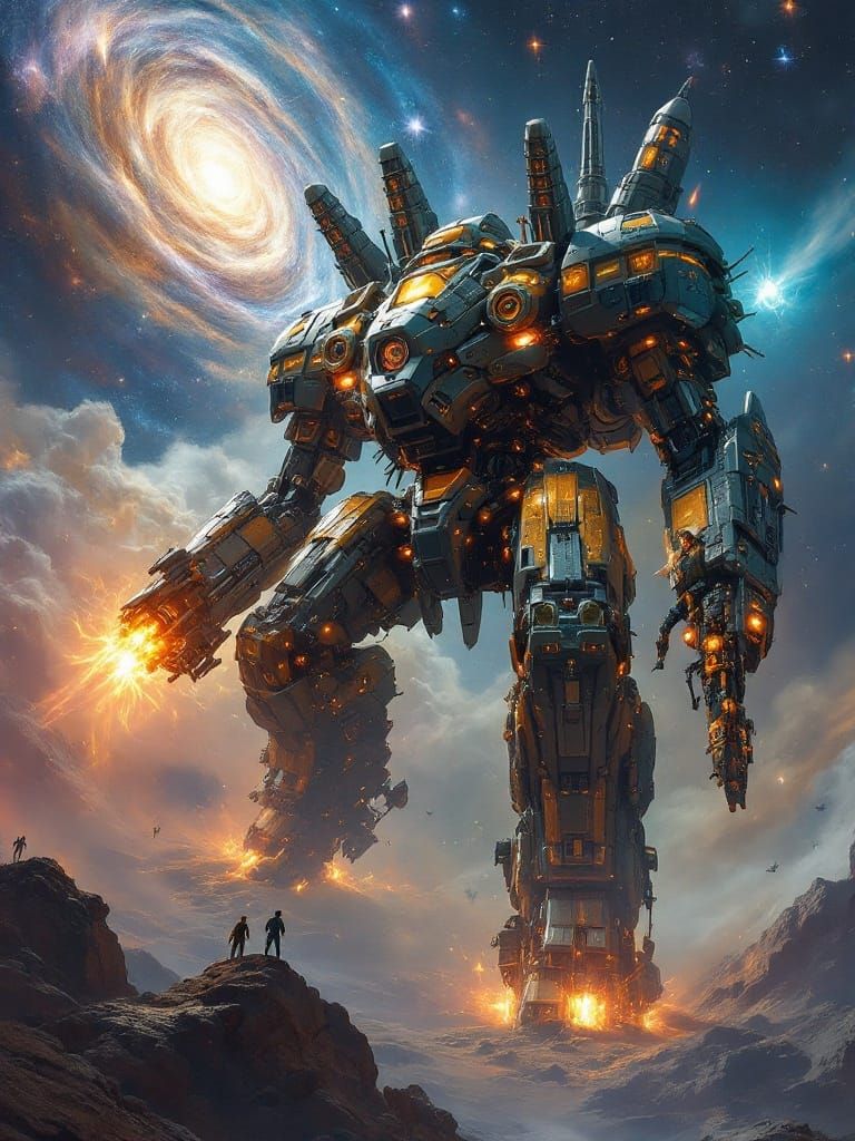 Giant Cyborg Mech in Deep Space, Oil Realism Style