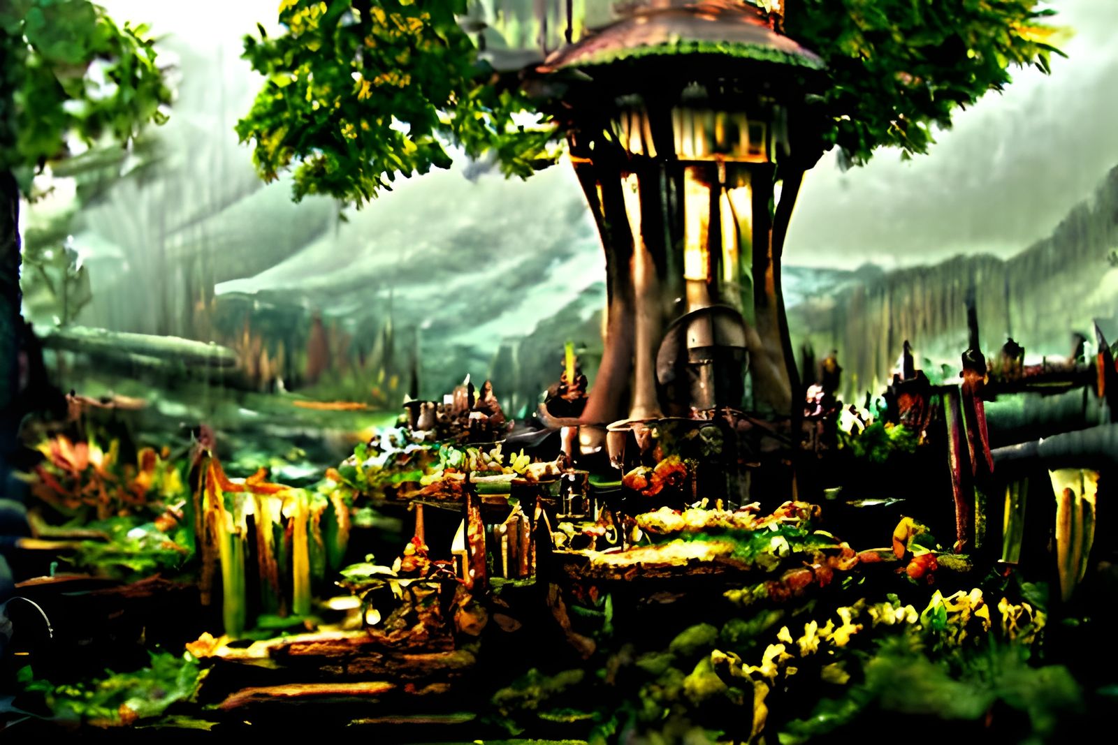 Fantastical Elfpunk Township in a Magical Forest