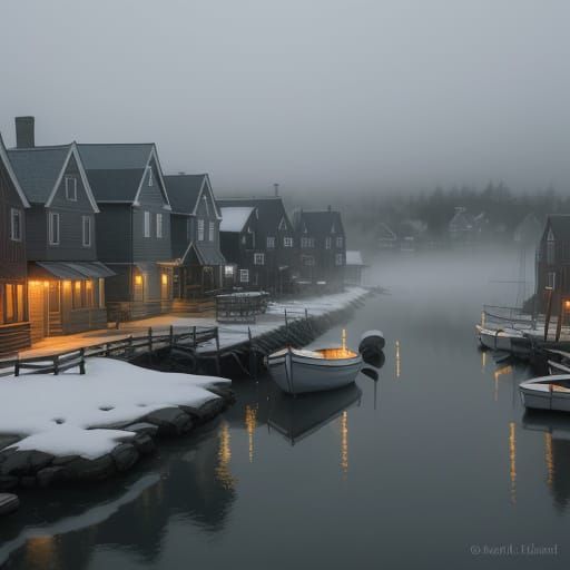 New England Harbor in Winter: Impressionist Film Still
