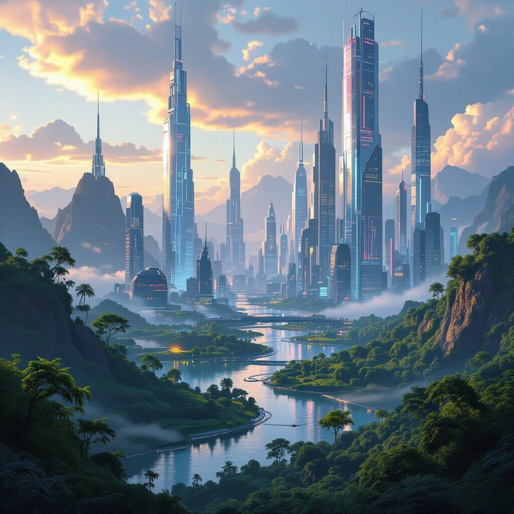 Futuristic World: Nature Meets Metropolis in Cyberpunk Style