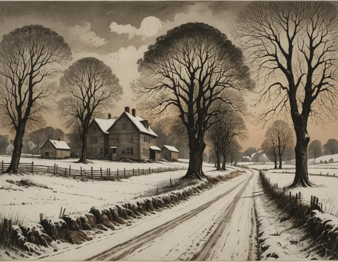 Farmhouse Landscape Etching in Muted Earth Tones