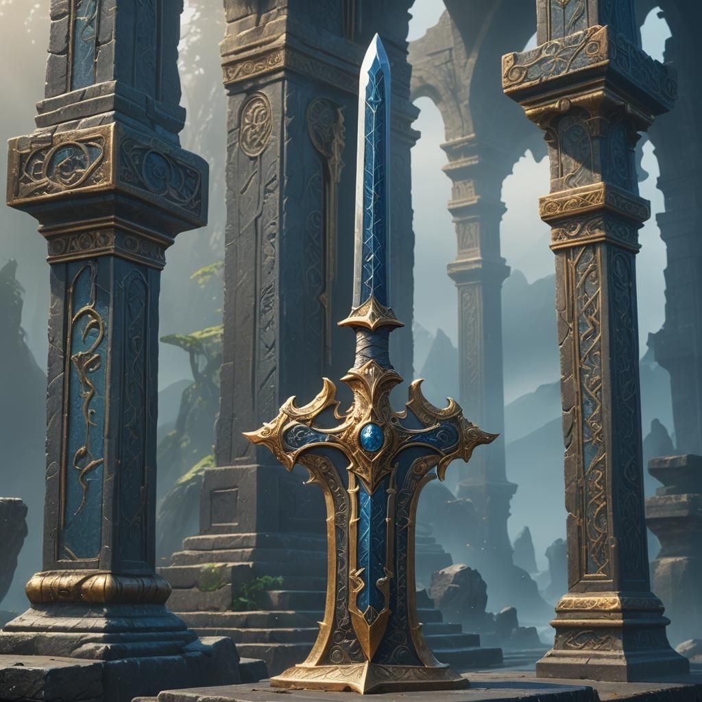 Legendary Sword on Pedestal in Fantasy Matte Painting