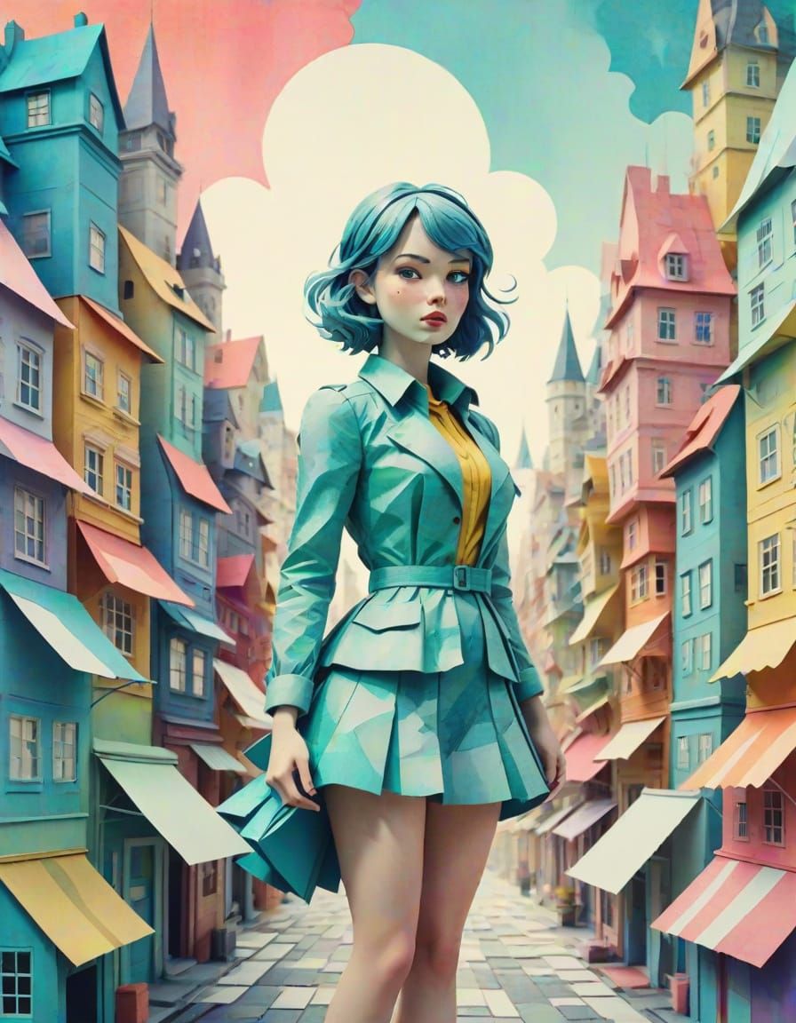 Paper Girl in Paper City: Vibrant Digital Pop Art