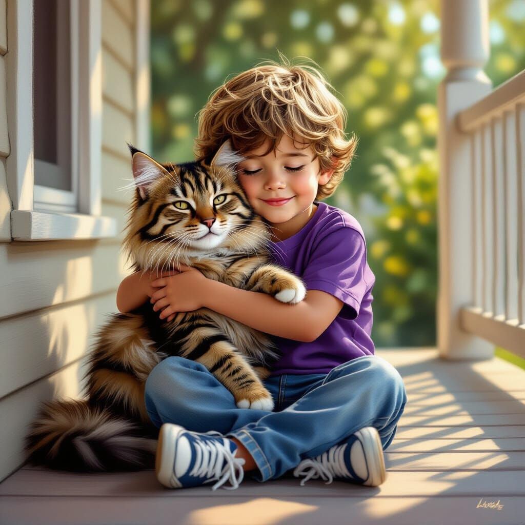 Boy Hugging Cat: Photorealistic Image with Warm Lighting