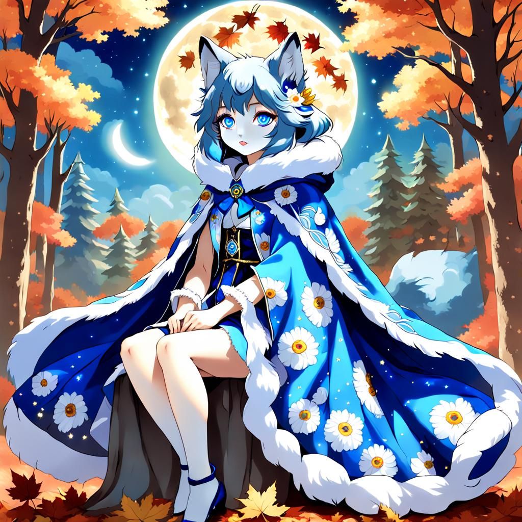 Blue Wolf Goddess in Surreal Anime Forest