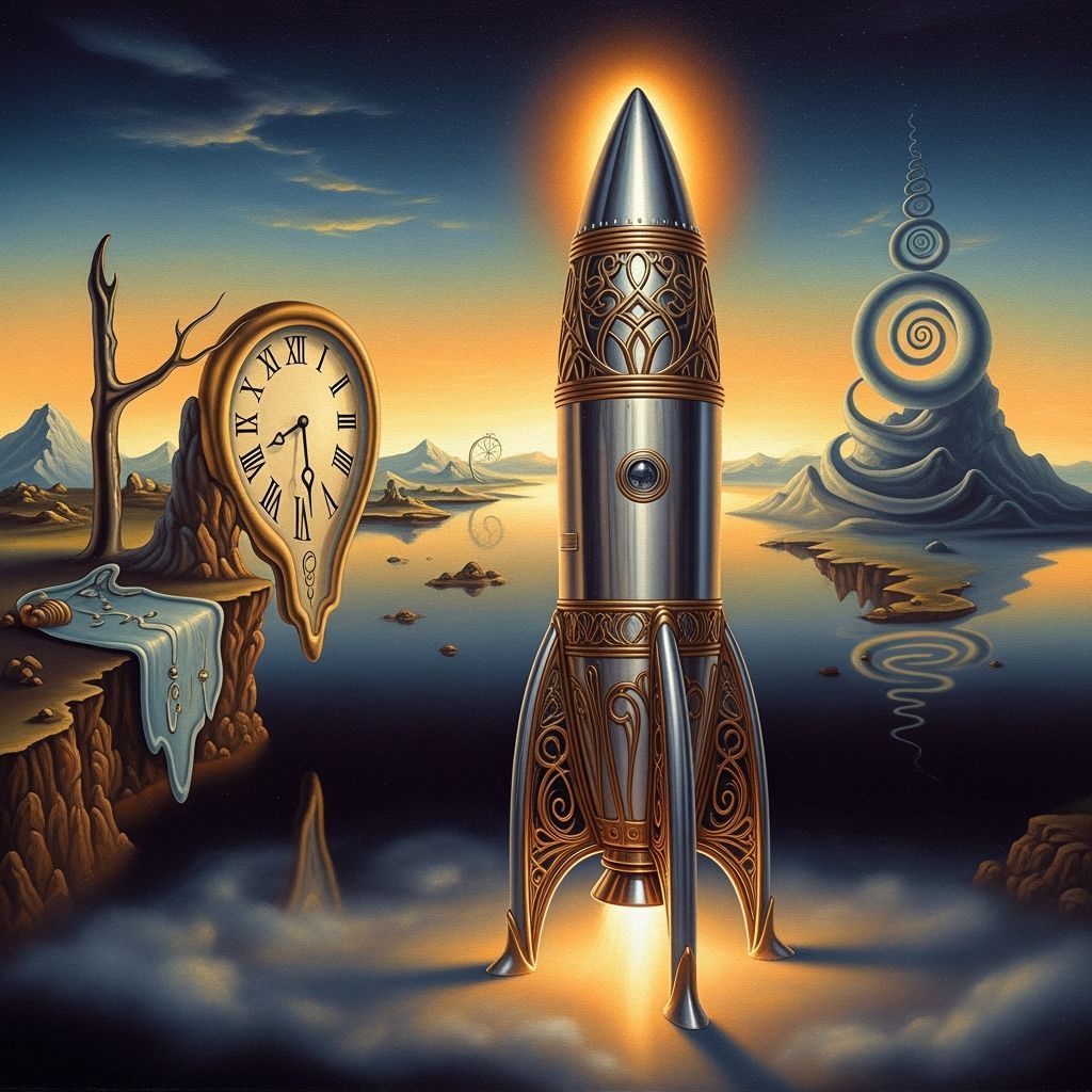 Surreal Rocketship in Dreamlike Fantasy Landscape