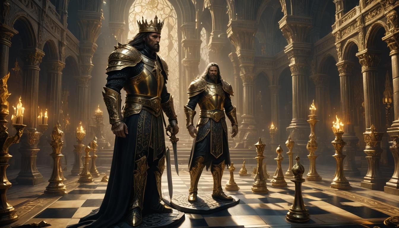 King Alone on Golden Chessboard in Fantasy Art