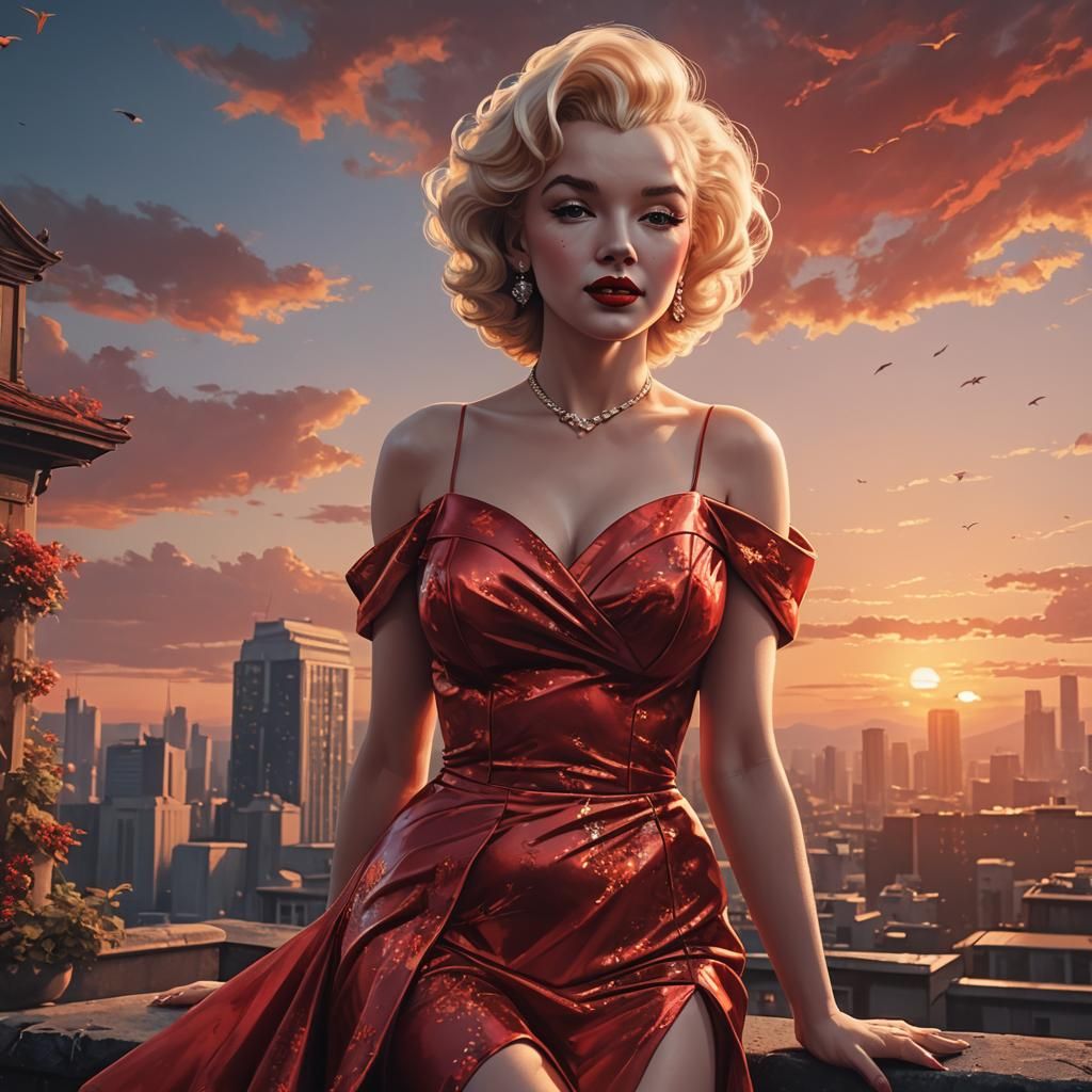 Marilyn Monroe in Red Dress, 3D Anime Art
