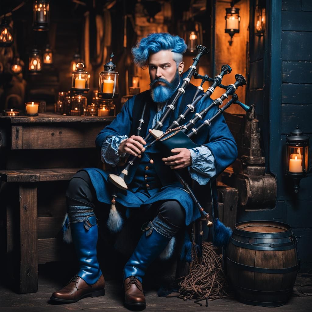 Blue Bard Plays Bagpipes in Tavern Setting