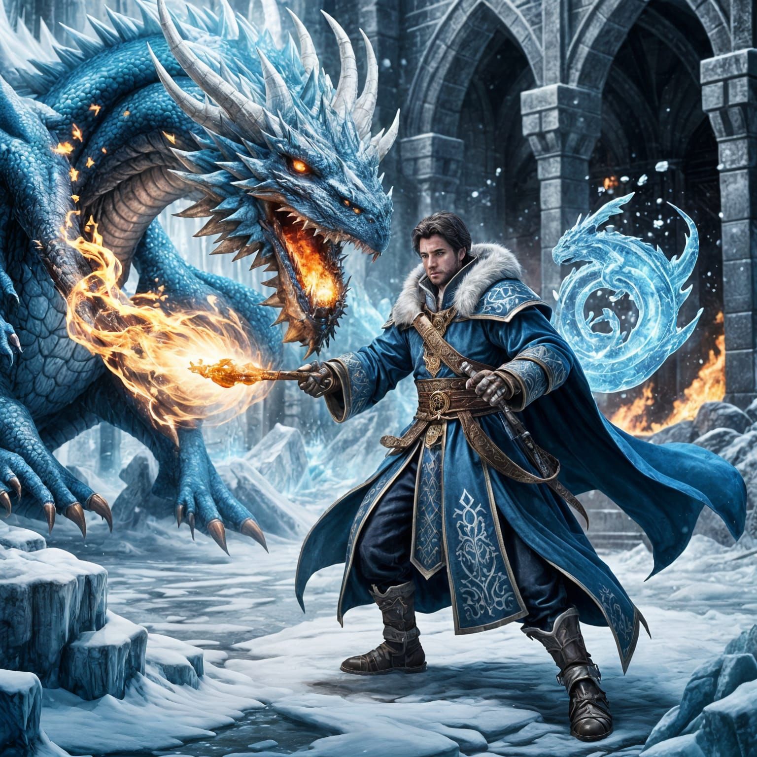 Evil Mage Casts Fire and Ice Spell