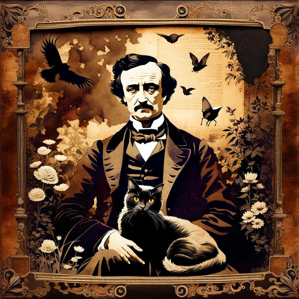 Edgar Allan Poe and Black Cat: Vintage Photograph