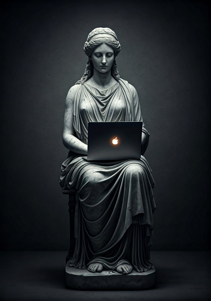 Marble Statue Meditating with Laptop in Chiaroscuro