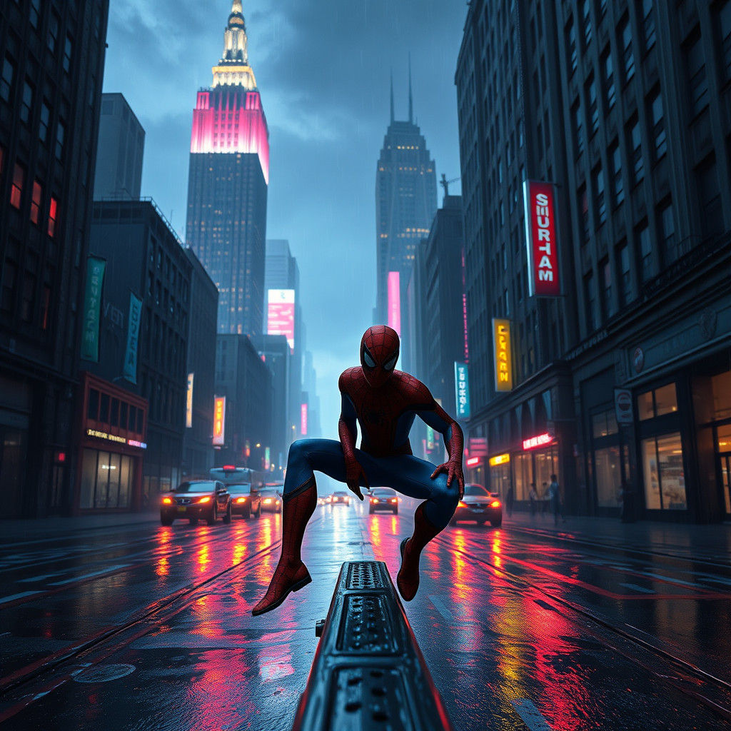 Spiderman in Rainy Cyberpunk Cityscape