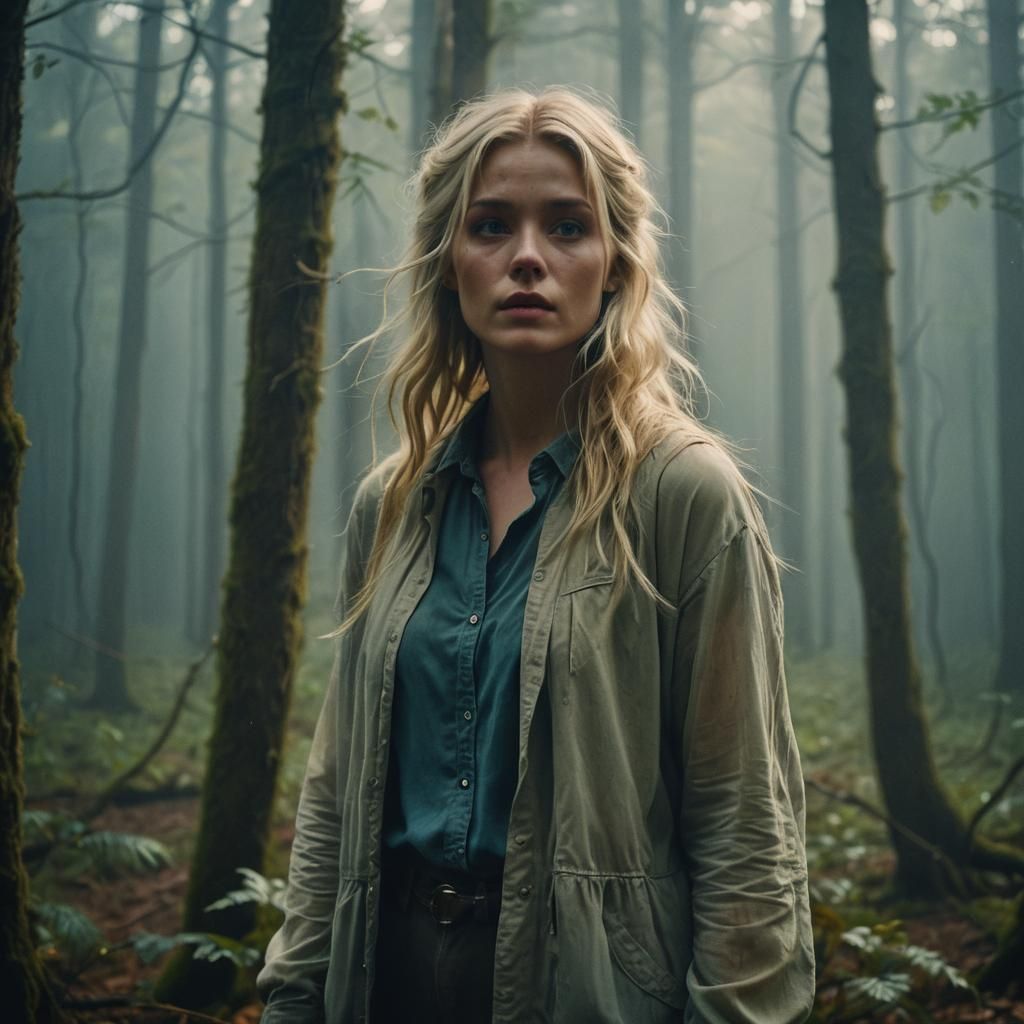 Blonde Woman in Misty Forest, Cinematic Film Still