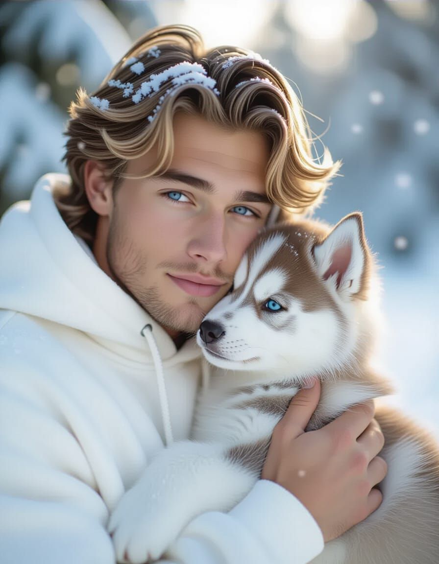 Man Cuddles Husky Puppy in Snowy Winter Scene
