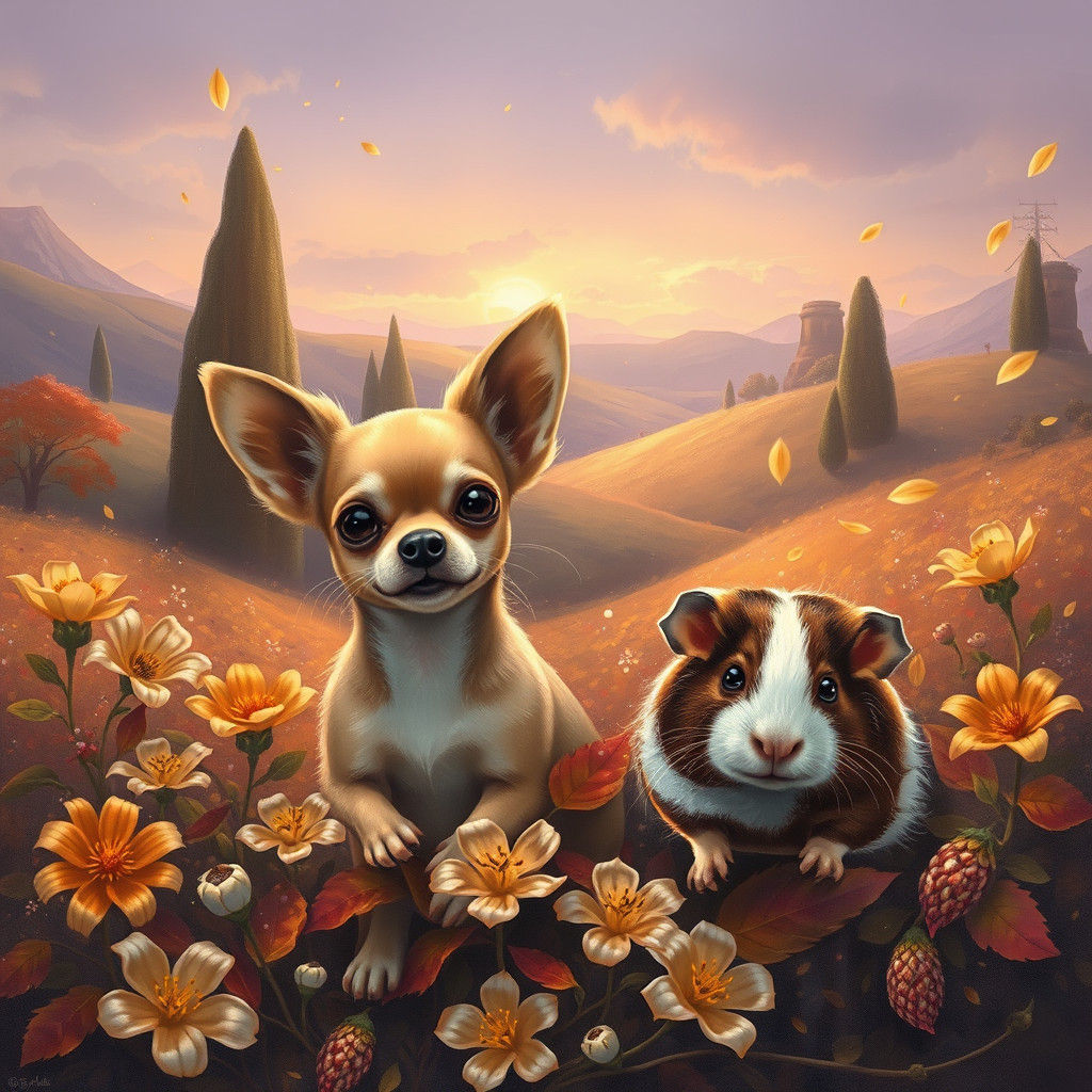 Chihuahua and Guinea Pig in Autumn Fantasy Landscape