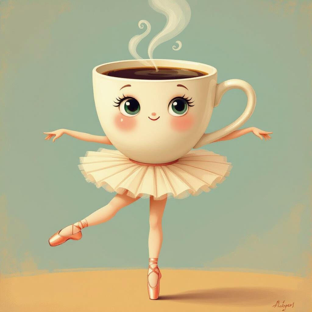 Ballerina Girl With Coffee Mug Head in Whimsical Style