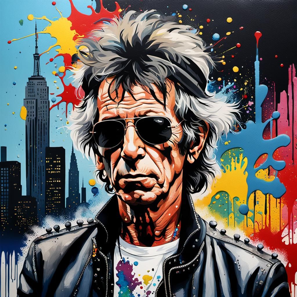 Keith Richards Pop Art Portrait with Acrylic Paint Drip
