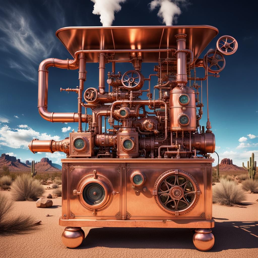 Detailed Copper Steam Machine in Arizona Desert