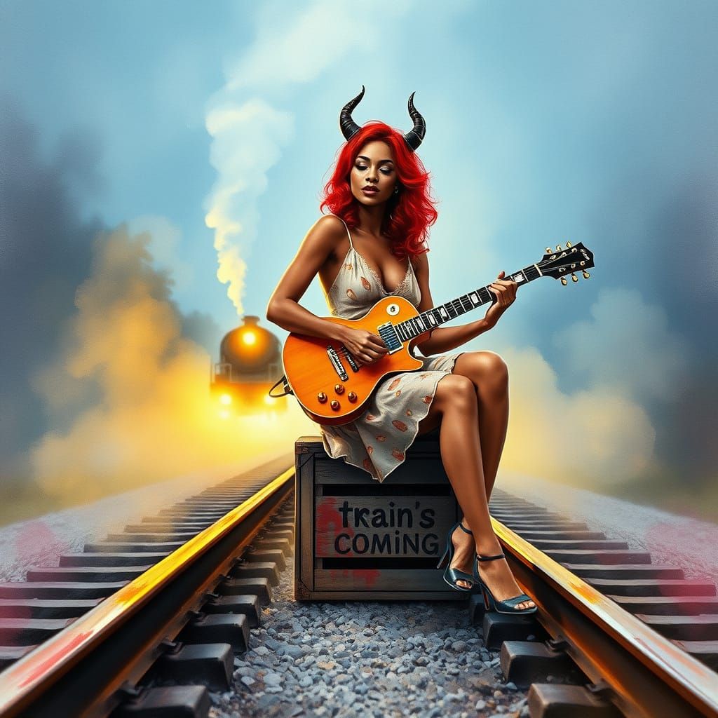 Redhead Pin-Up Plays Guitar at Railroad Crossing