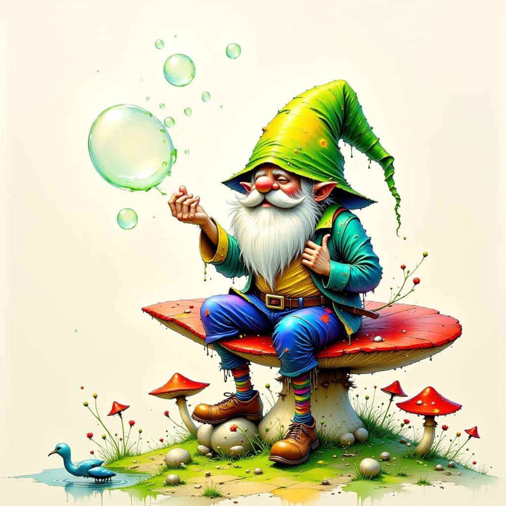 Gnome Sitting on Toadstool Blowing Soap Bubbles