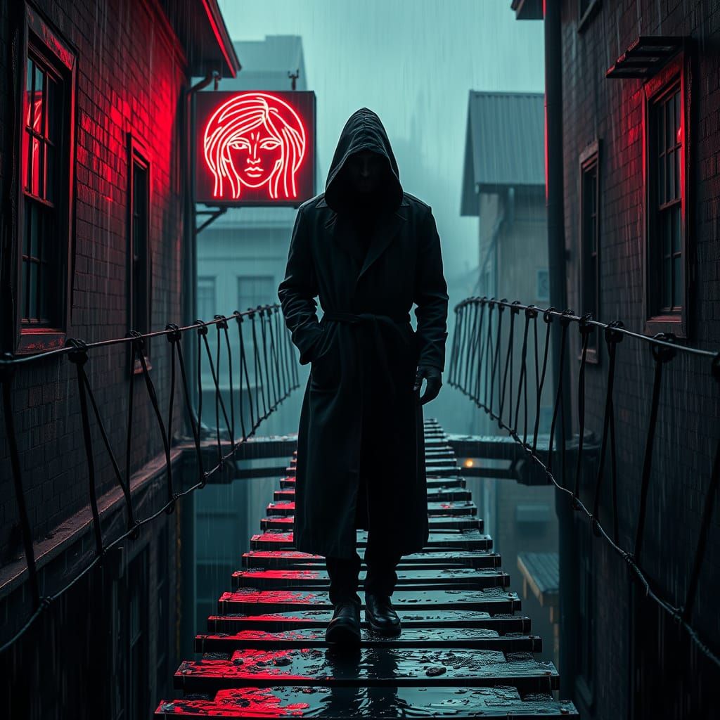 Hooded Figure Contemplates Neon Siren in Rainy Urban Decay