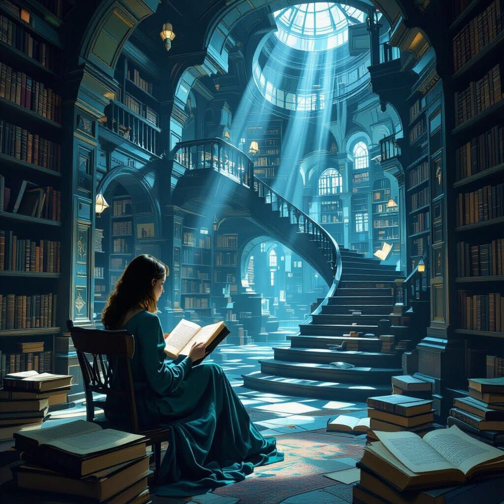 Surreal Library with Impossible Architecture