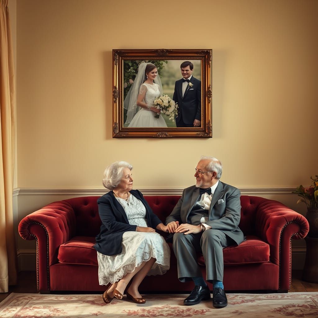 Warm, Golden-Lit Room with Vintage Wedding Scene and Intimat...