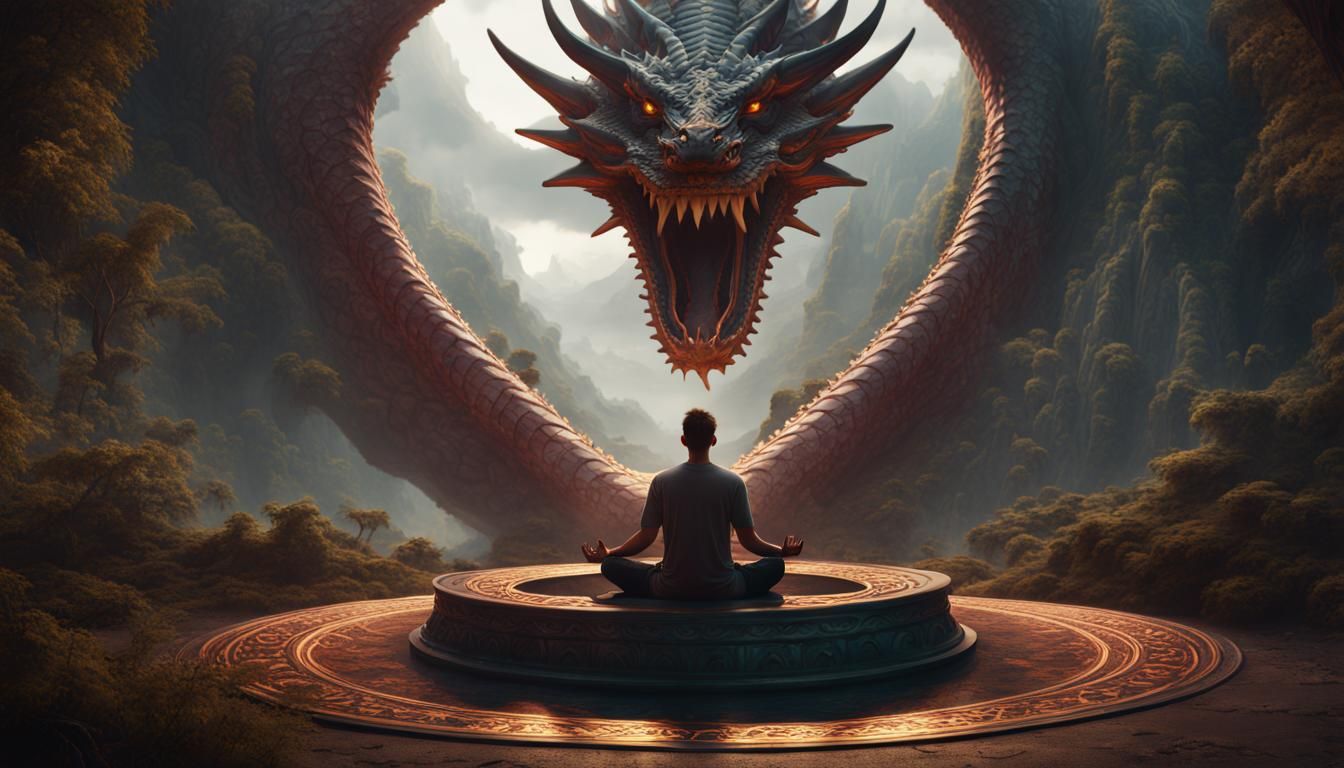Meditating Man with Dragon Circle, Fantasy Art