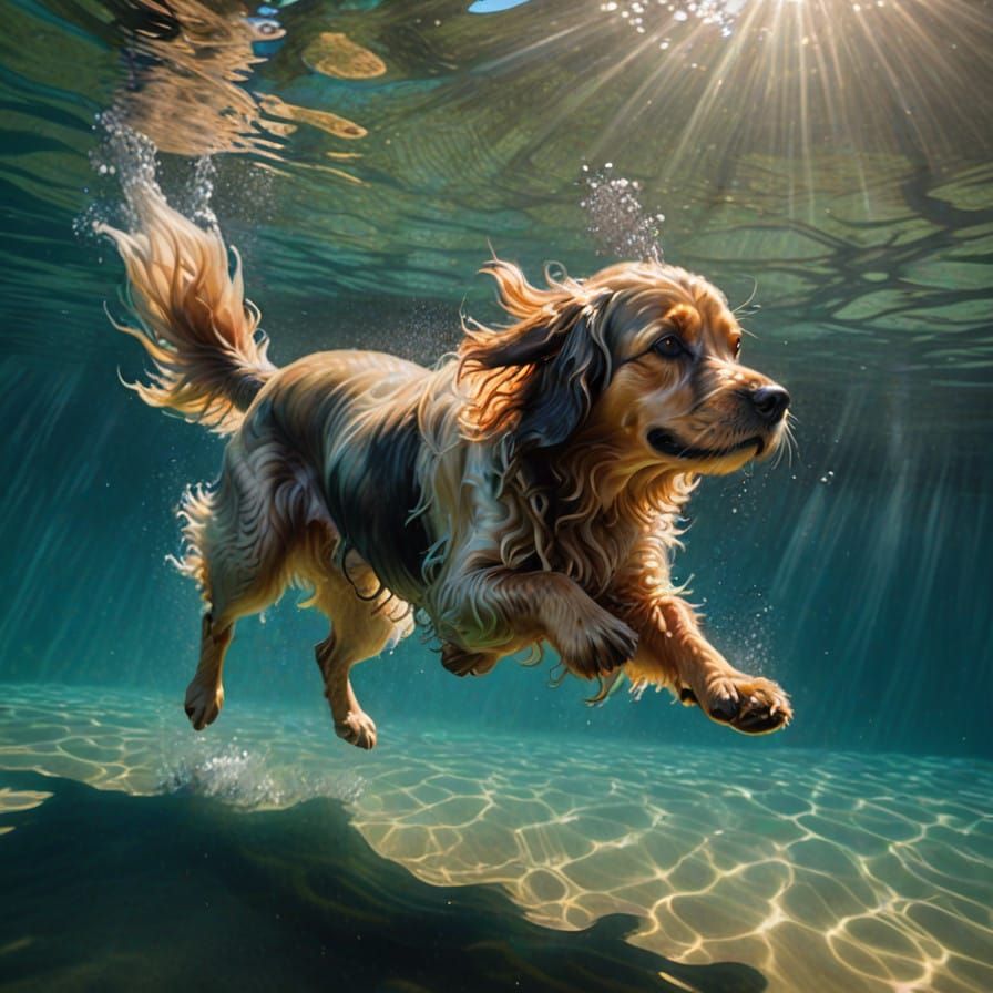 Splashing Canine in Dappled Water, in the Style of Jim Burns