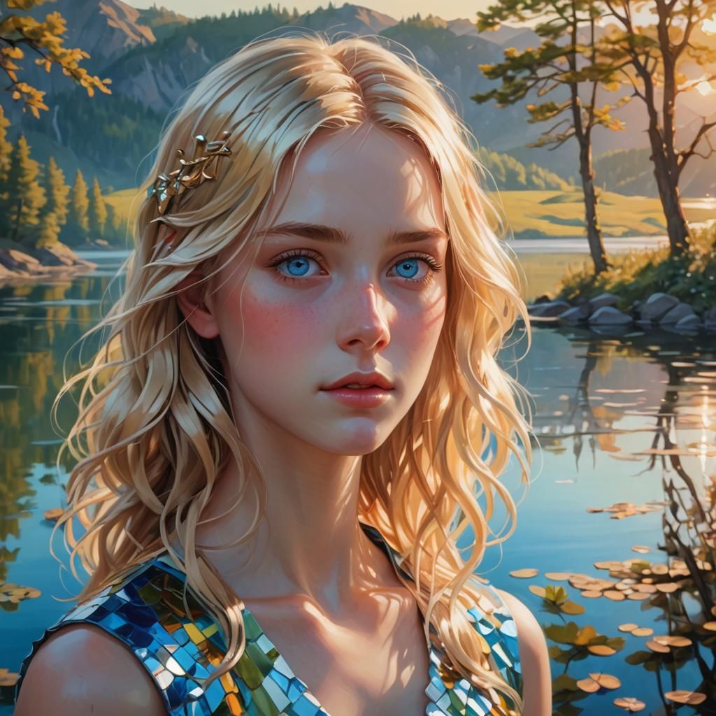 Anime Person with Blue Eyes in Golden Sunlight