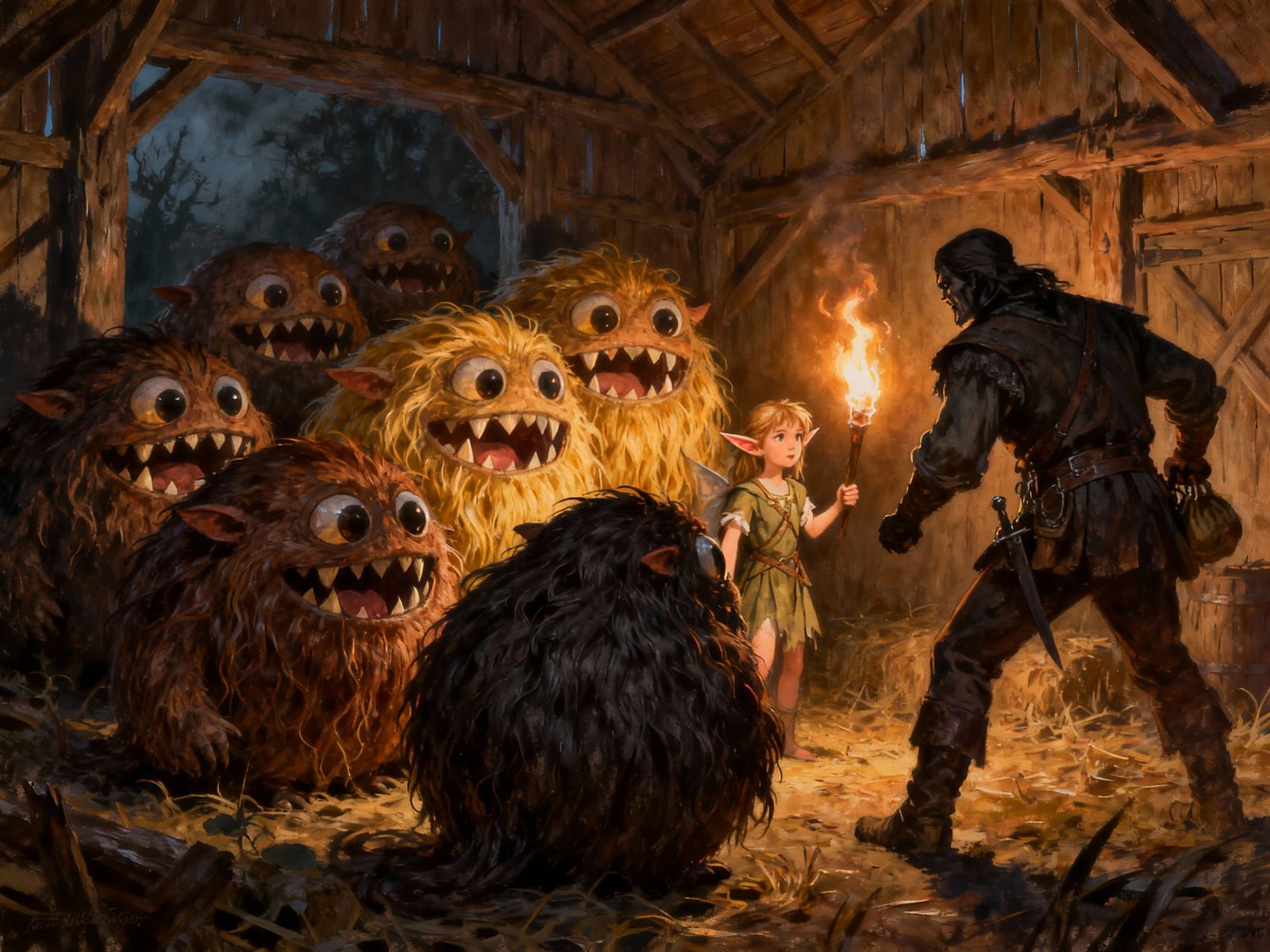 Creatures Defend Elvish Child From Bandit in Barn