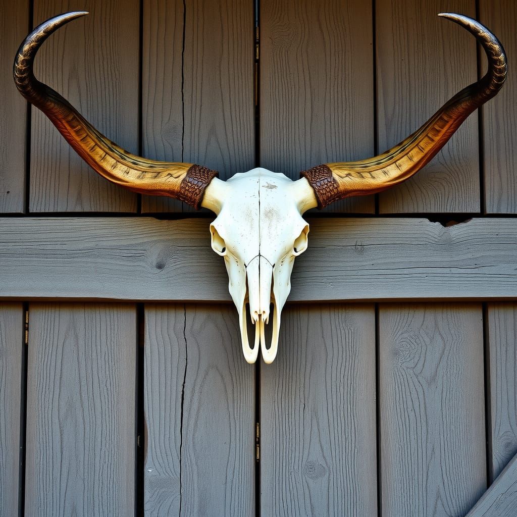 Human skull with long horns  hanging on a barn door