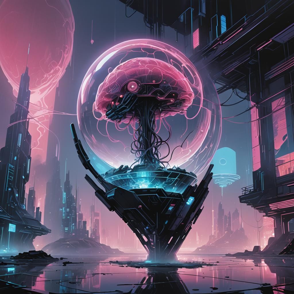 Cyberpunk Brain in Glass, Neon Digital Art