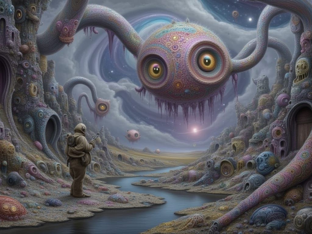 Surreal Giant Whispers Over Dreamlike Landscape