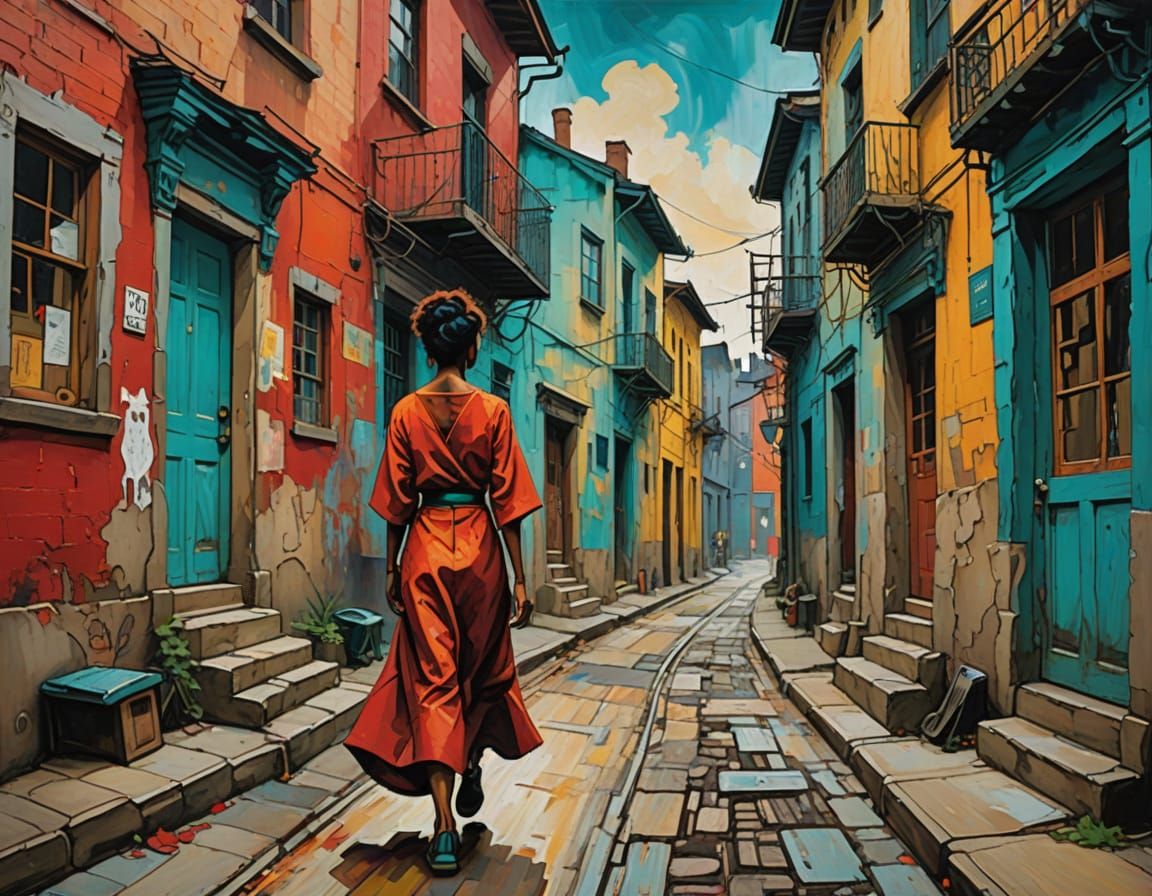 Elegant Woman Strolls through a Vibrant Street Art Scene