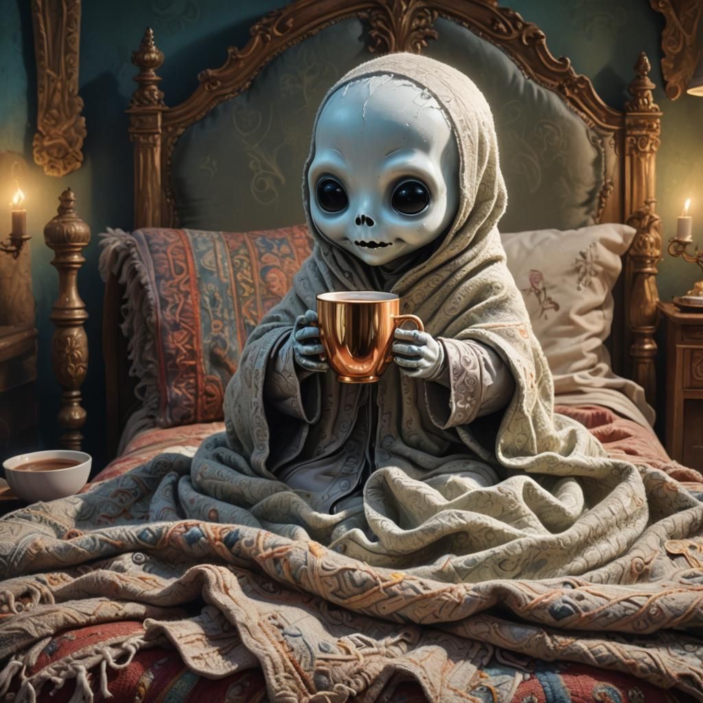Cute Alien Ghost Baby with Hot Chocolate