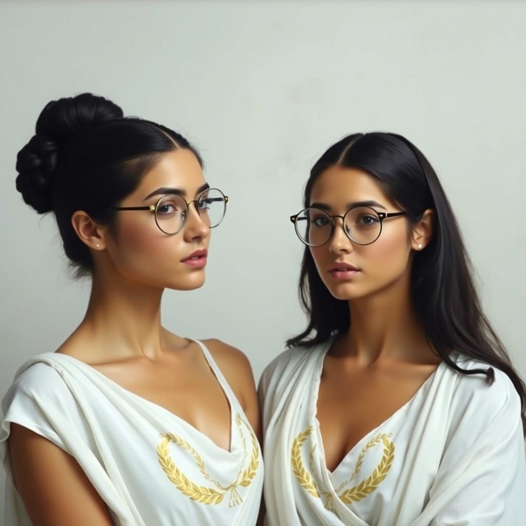 Classical Greek Goddess Twins in Elegant Attire