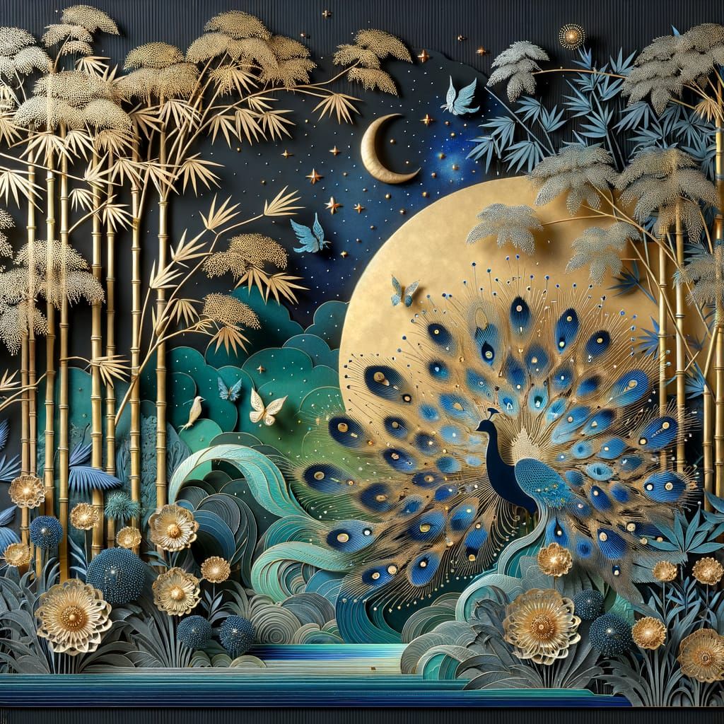 Surreal Peacock Amid Chinoiserie Bamboo Forest Under Starry....