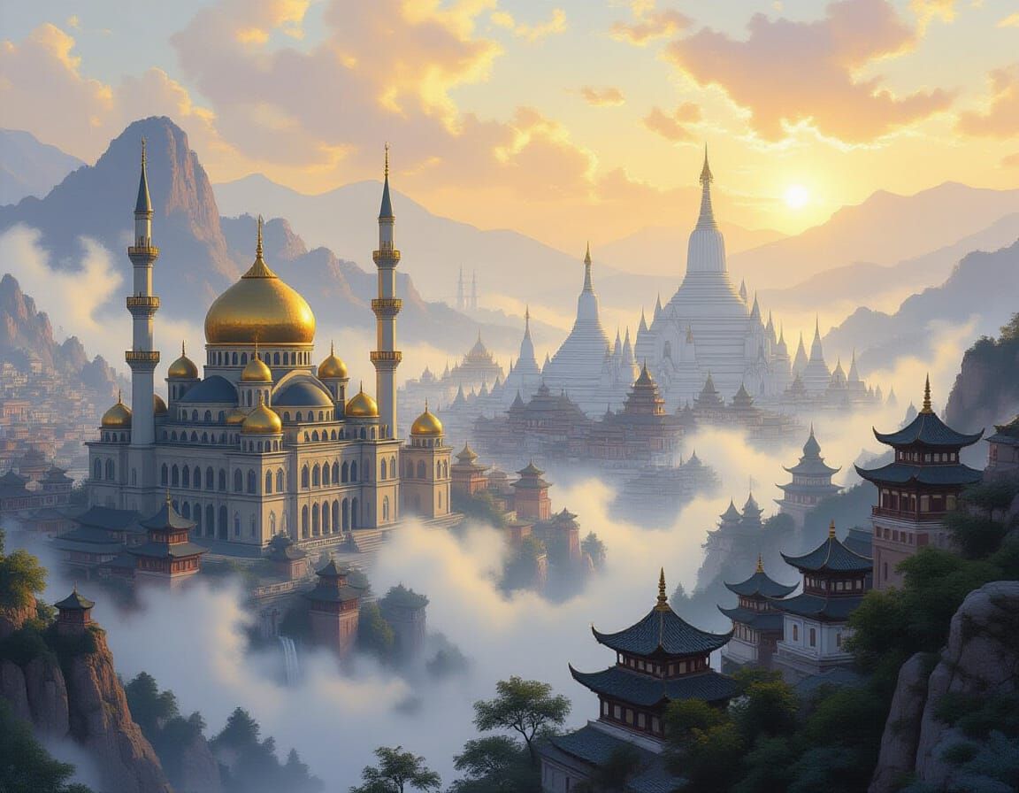 Golden Domes and Misty Pagodas: Oil Painting