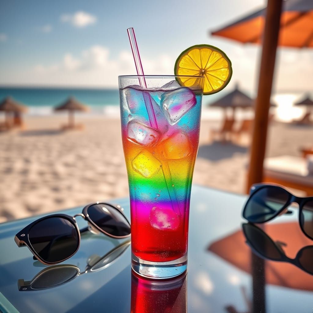 Rainbow Soda on Sunny Beach in Hyperrealism