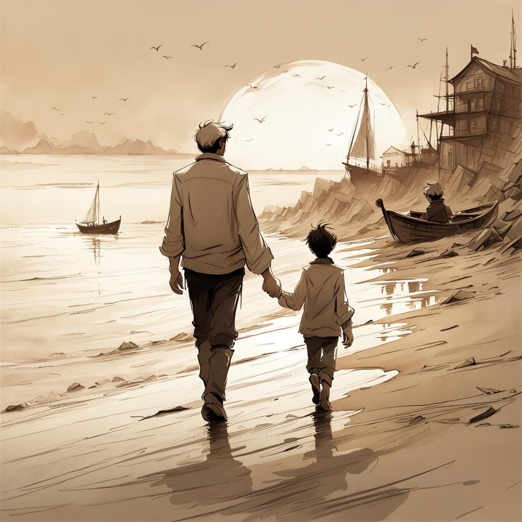 Father and Son Seashore Stroll in Sepia Tones
